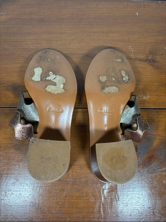 Chloé Metallic Wave Strap Leather Slide Heels Sandals Woman Size 37 earthy Tone - Picture 15 of 16